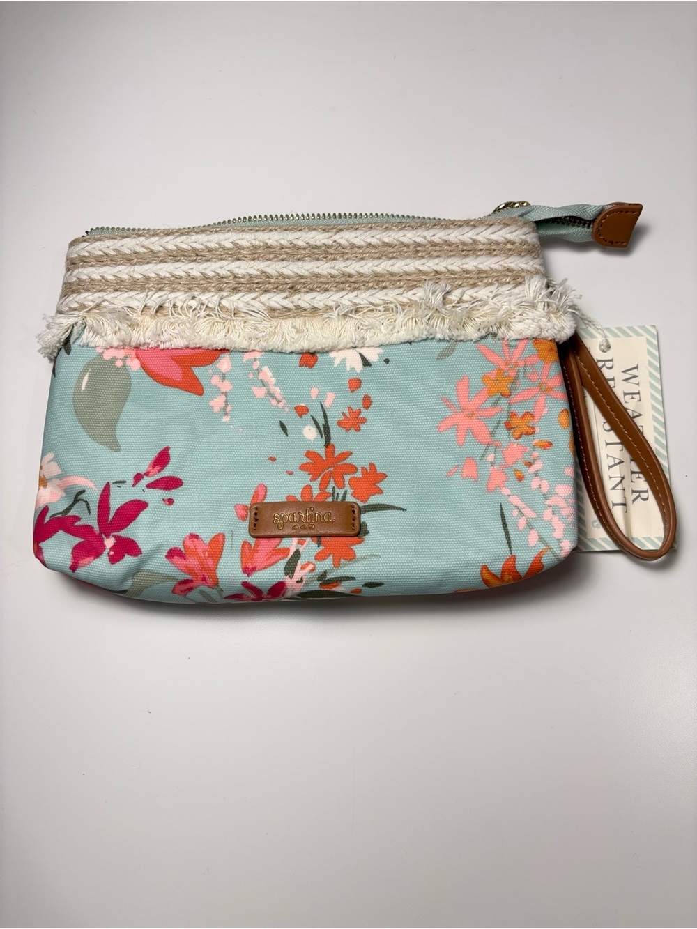 NWT Spartina 449 Carina Wristlet Turquoise Floral Fringed Jute Pink Flower Bag
